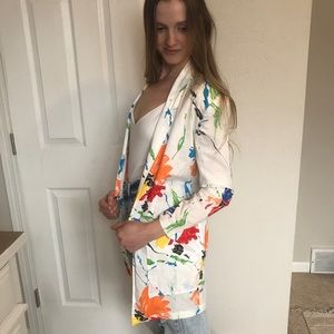 Vintage 80s Blazer, Jacket, Union Label, White with Bright Floral Pattern, 1980s